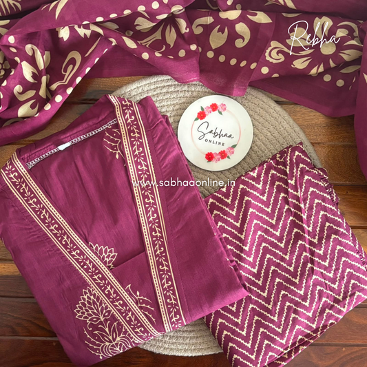 Rebha - Plum Wine Cotton kurti 3pc set with lining - LN 68