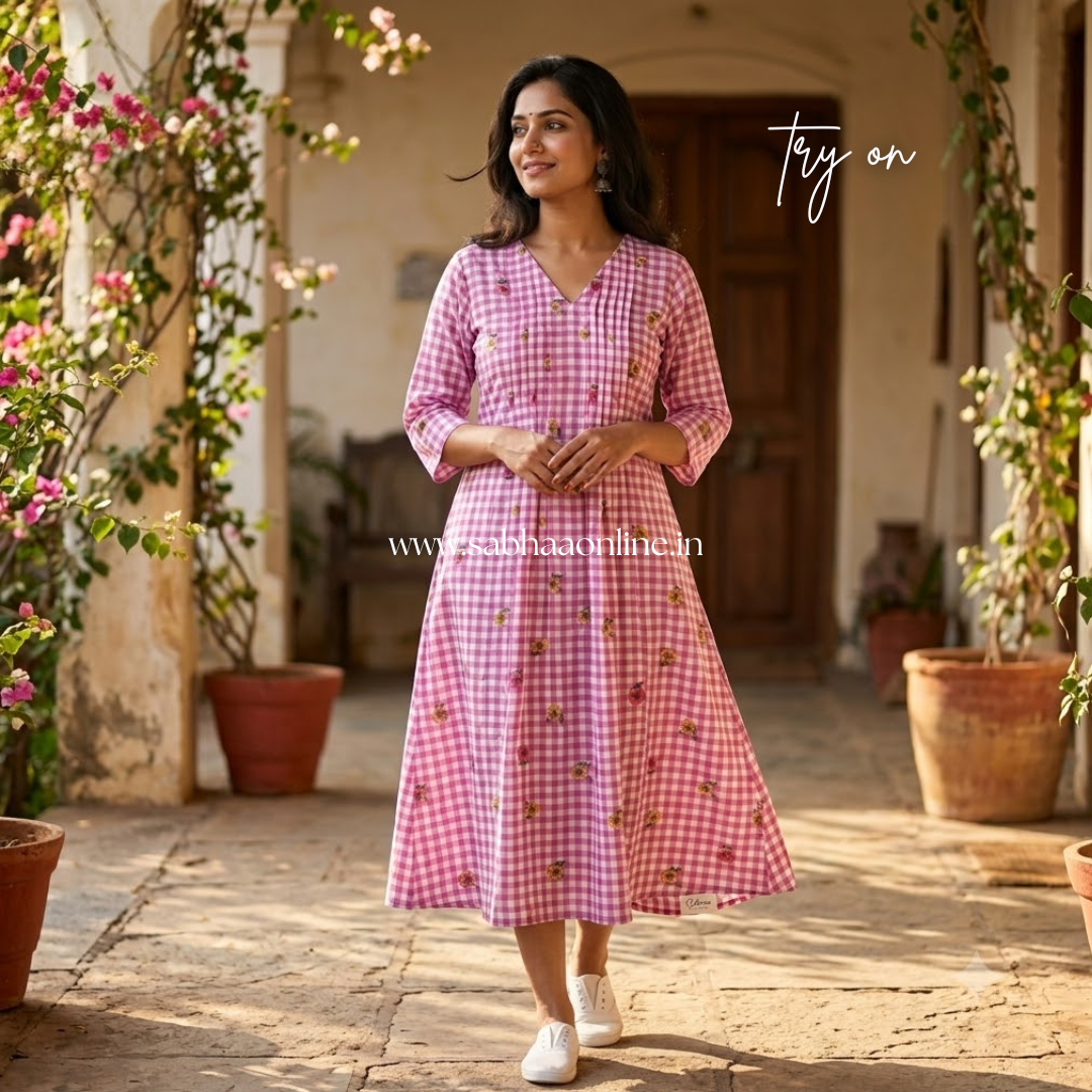 Poppy - Mauve/Dusty pink-purple Checkered floral Cotton Anarkali kurti /Frock - LN 71