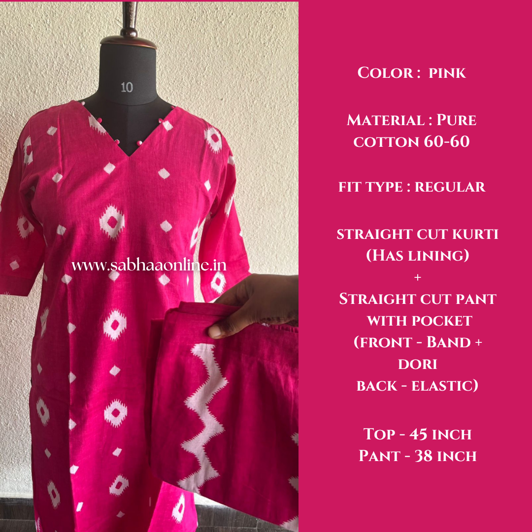 Pinky - Bright Pink Cotton kurti pant set with lining - LN 38