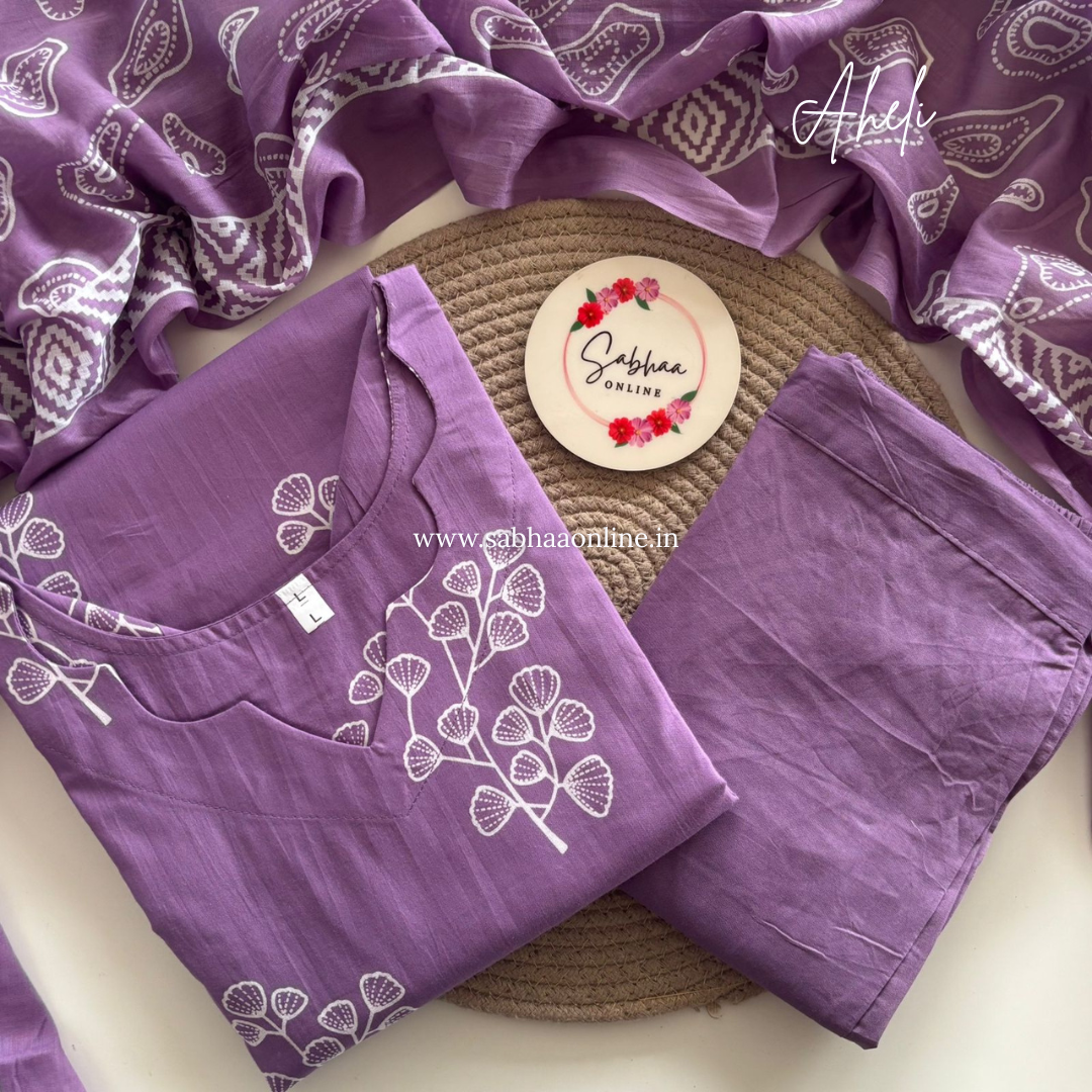 Aheli - Lavendar Cotton Kurti 3pc set with lining - LN 33