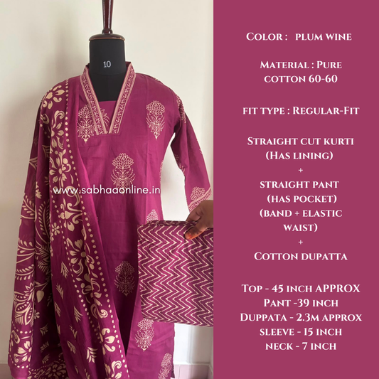 Rebha - Plum Wine Cotton kurti 3pc set with lining - LN 68