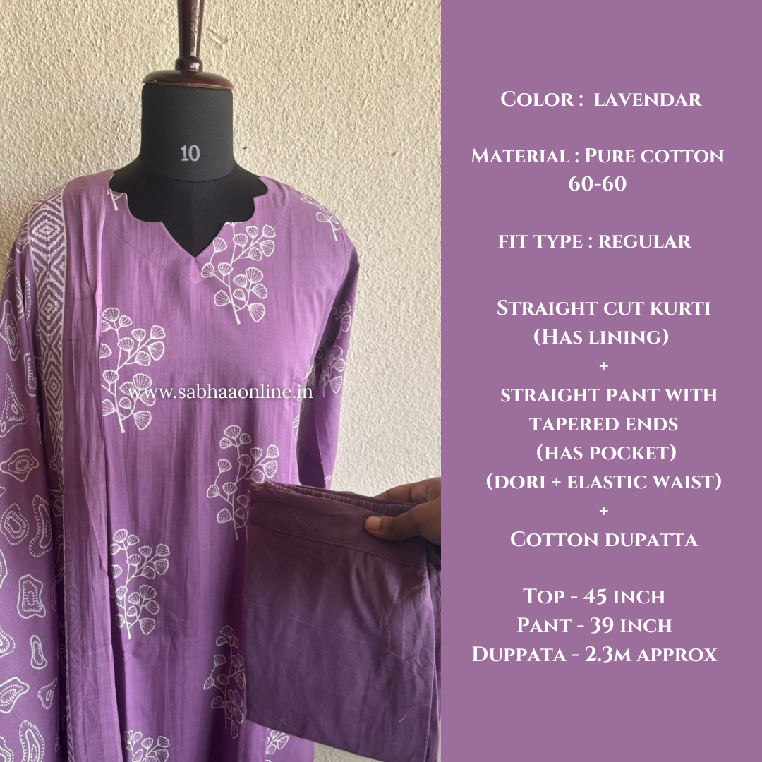 Aheli - Lavendar Cotton Kurti 3pc set with lining - LN 33