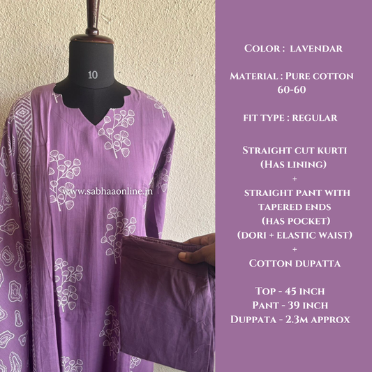 Aheli - Lavendar Cotton Kurti 3pc set with lining - LN27
