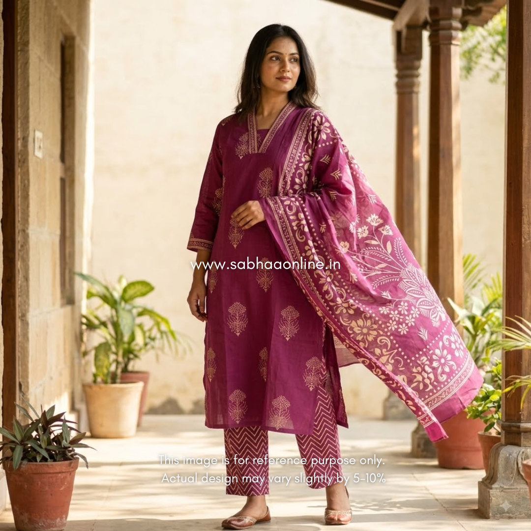 Rebha - Plum Wine Cotton kurti 3pc set with lining - LN 68