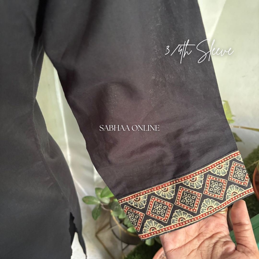 Rana - Black Solid + Ajrak printed Cotton Kurti 3pc set