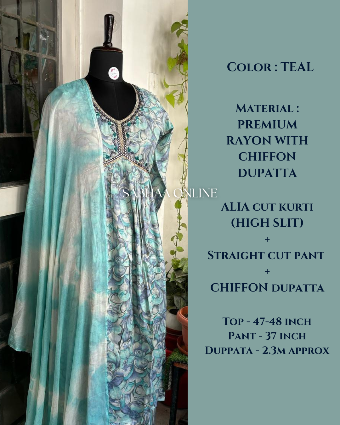 Teal Alia cut Kurti 3pc set