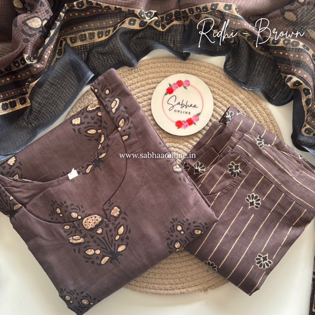 Ridhi - Taupe Brown Cotton kurti 3pc set with lining - LN 27