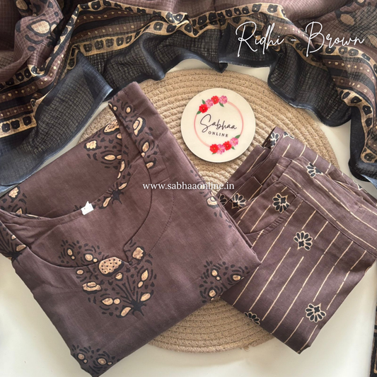 Ridhi - Taupe Brown Cotton kurti 3pc set with lining - LN 27