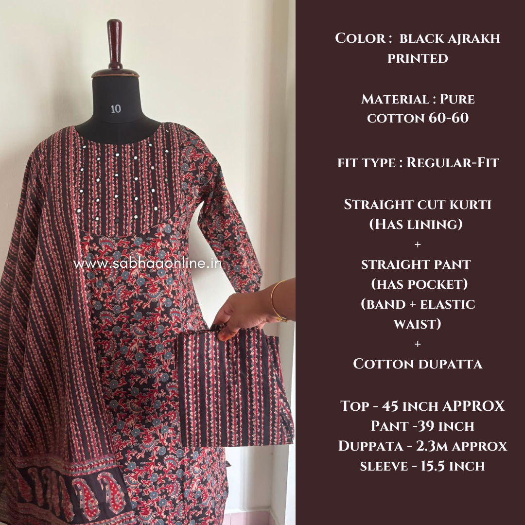 Khushi - Black Ajrakh Cotton kurti 3pc set with lining - LN 68
