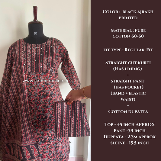Khushi - Black Ajrakh Cotton kurti 3pc set with lining - LN 68