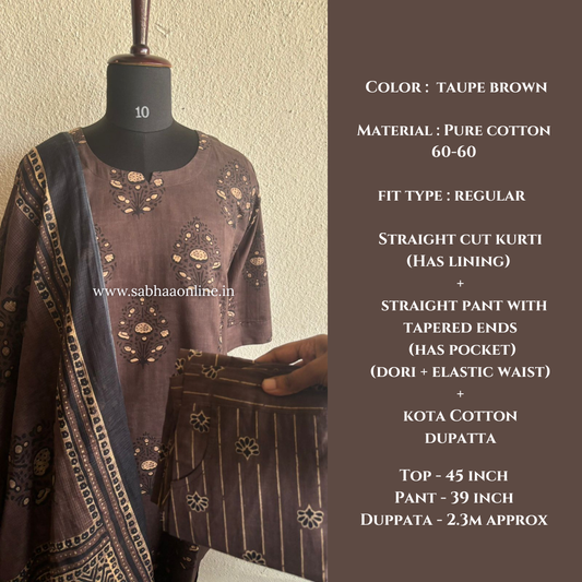 Ridhi - Taupe Brown Cotton kurti 3pc set with lining - LN 27