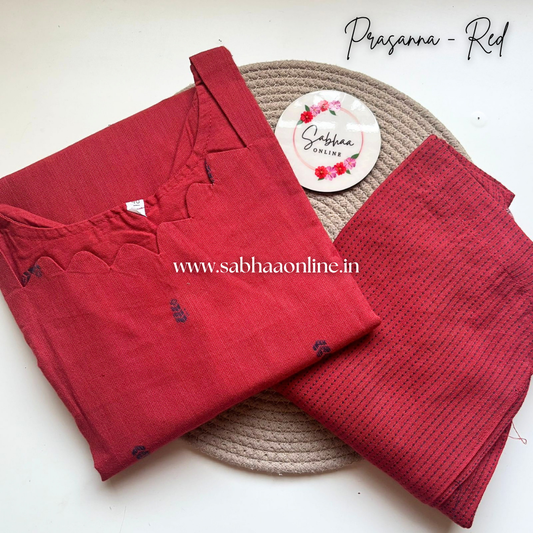 Prasanna - Red Weaved Cotton kurti pant set (with lining ) - LN 39
