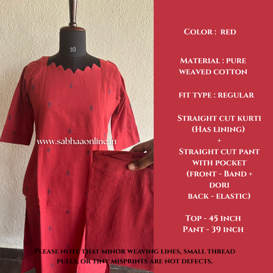 Prasanna - Red Weaved Cotton kurti pant set (with lining ) - LN 39