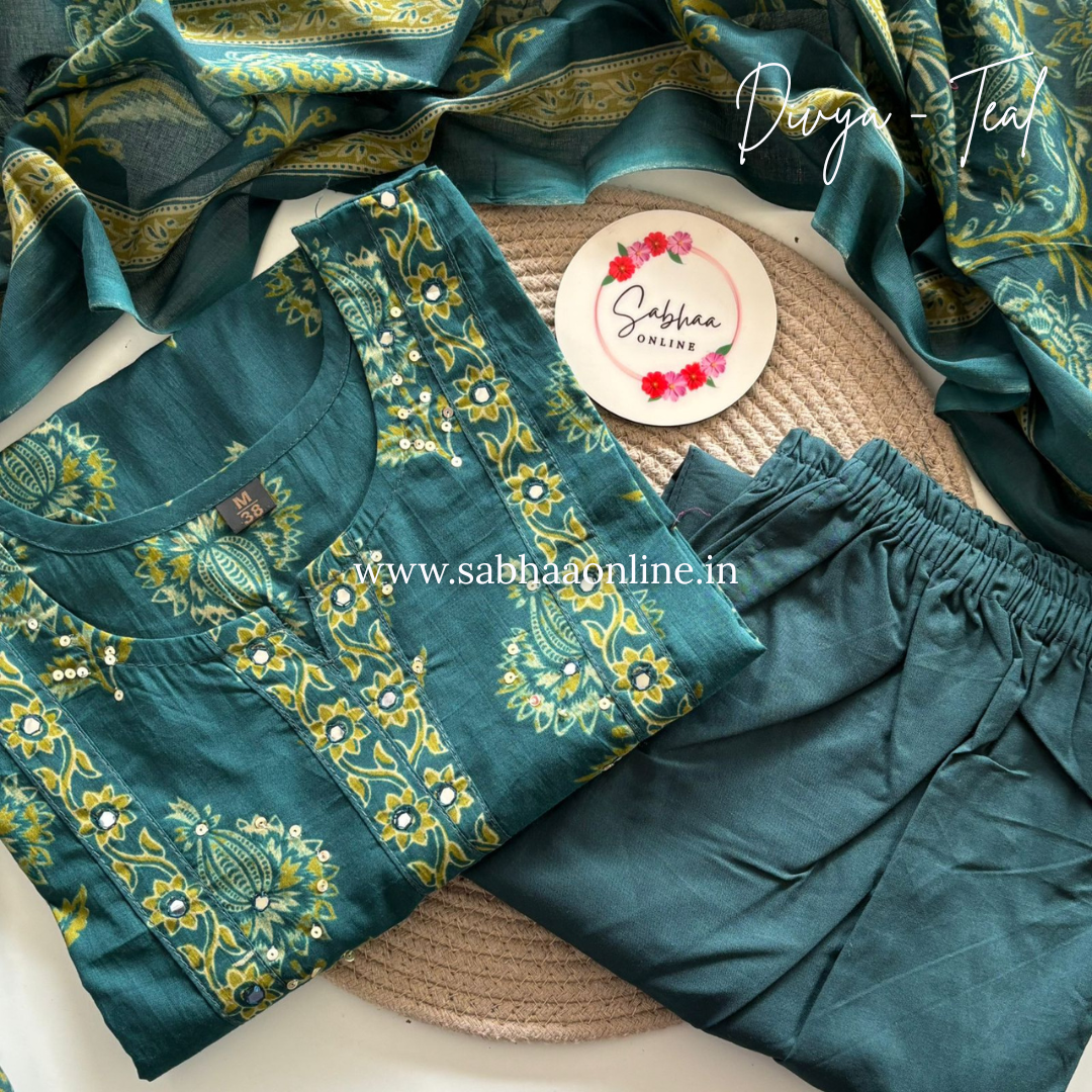 Divya - Teal and Green Cotton kurti 3pc set - LN25