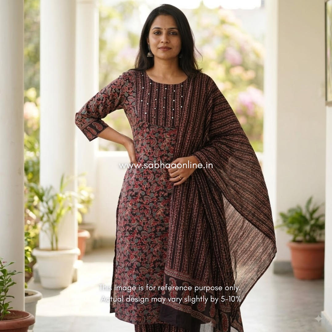 Khushi - Black Ajrakh Cotton kurti 3pc set with lining - LN 68