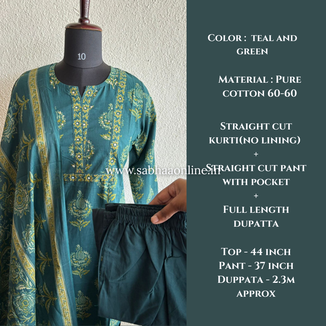 Divya - Teal and Green Cotton kurti 3pc set - LN25