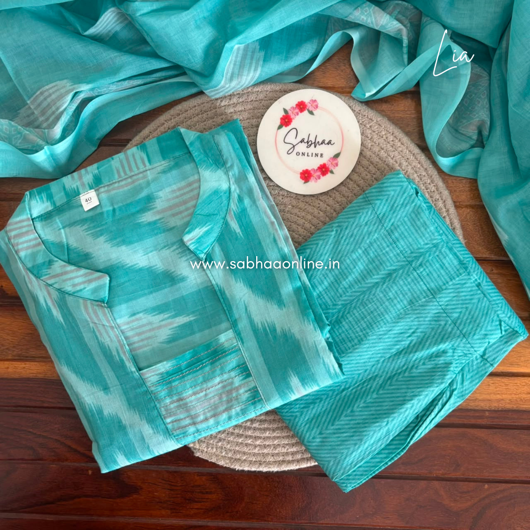 Lia - Sea green/Bright Turquoise blue Ikkat Cotton kurti 3pc set with lining - LN 69