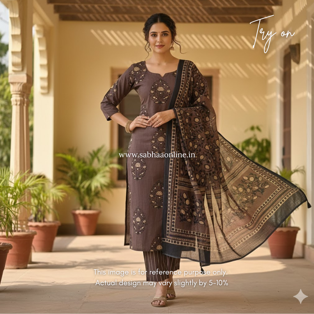 Ridhi - Taupe Brown Cotton kurti 3pc set with lining - LN 27