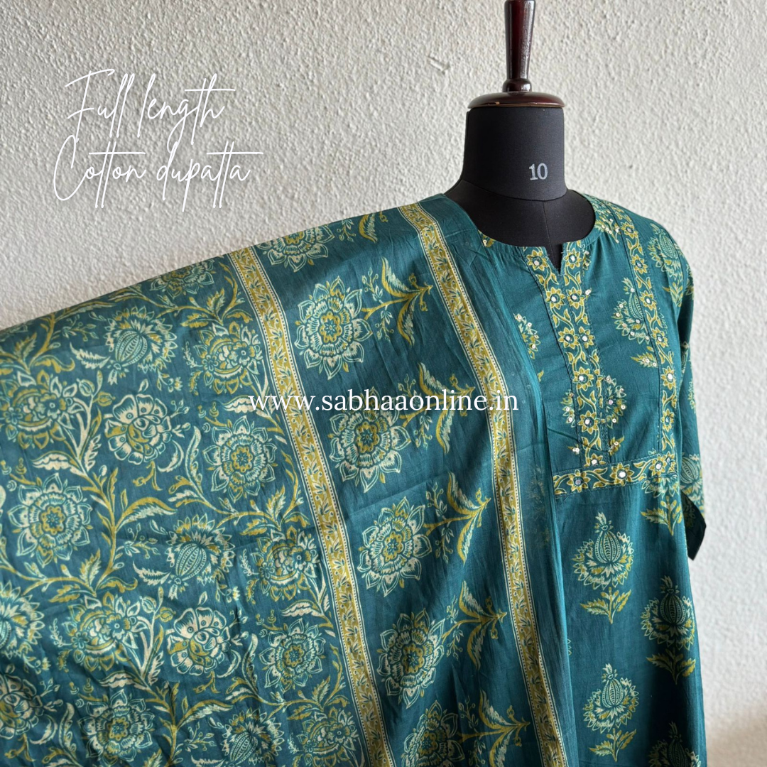 Divya - Teal and Green Cotton kurti 3pc set - LN25