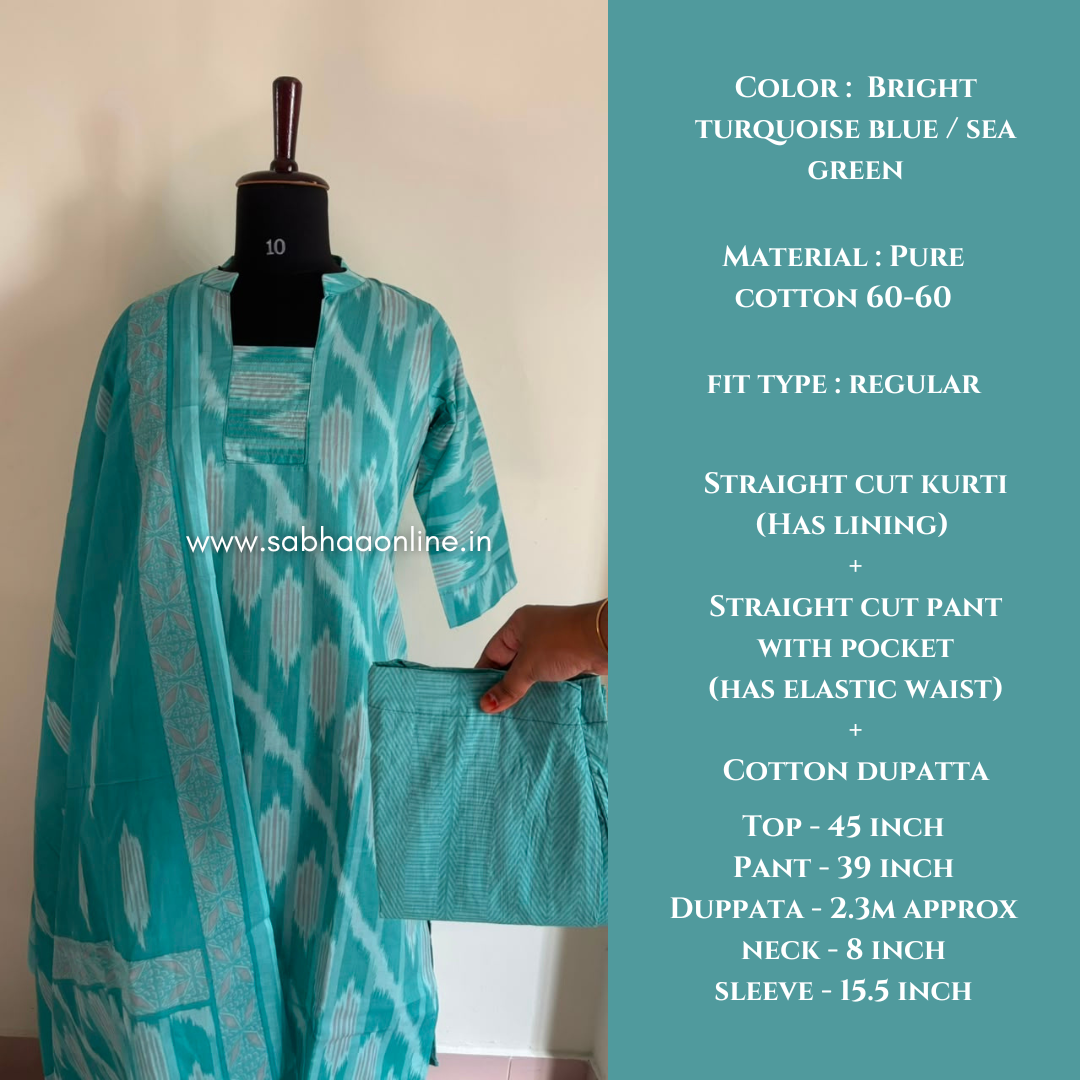 Lia - Sea green/Bright Turquoise blue Ikkat Cotton kurti 3pc set with lining - LN 69