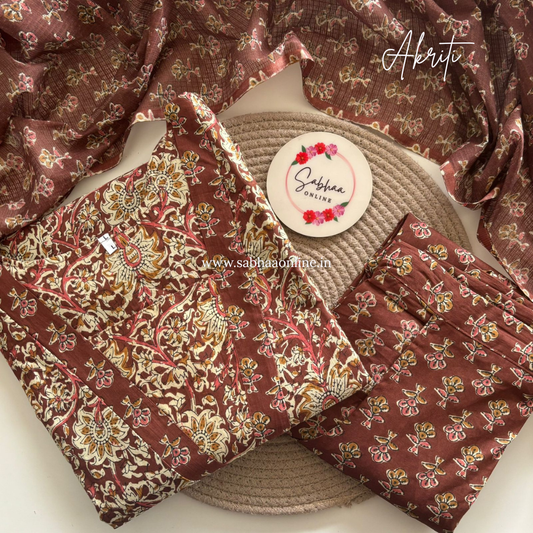 Akriti - Teracotta Brown Cotton kurti 3pc set with lining - LN 27