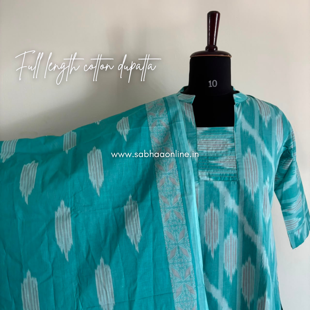Lia - Sea green/Bright Turquoise blue Ikkat Cotton kurti 3pc set with lining - LN 69
