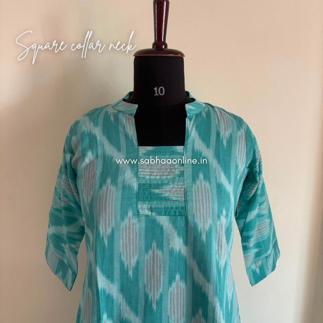 Lia - Sea green/Bright Turquoise blue Ikkat Cotton kurti 3pc set with lining - LN 69