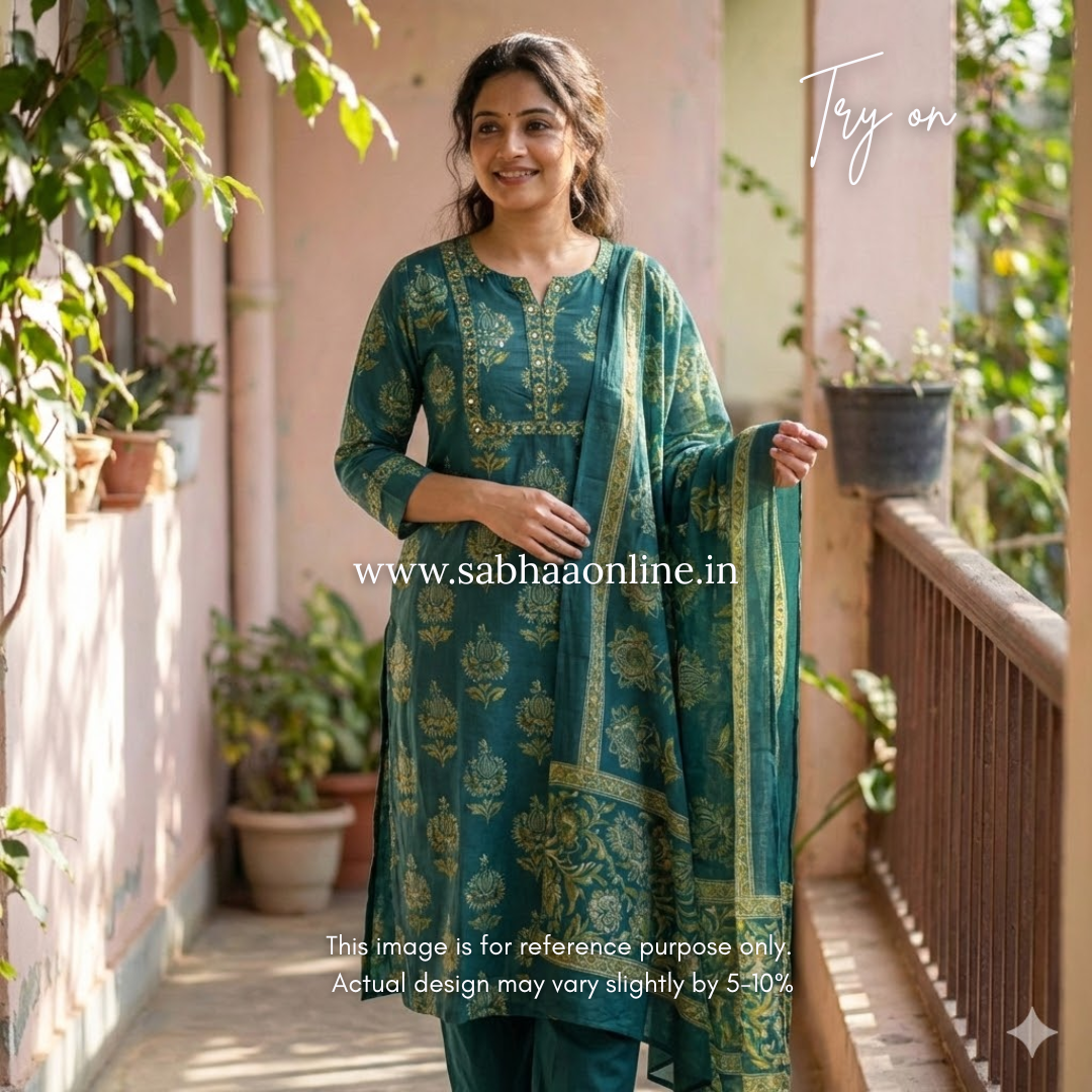 Divya - Teal and Green Cotton kurti 3pc set - LN25