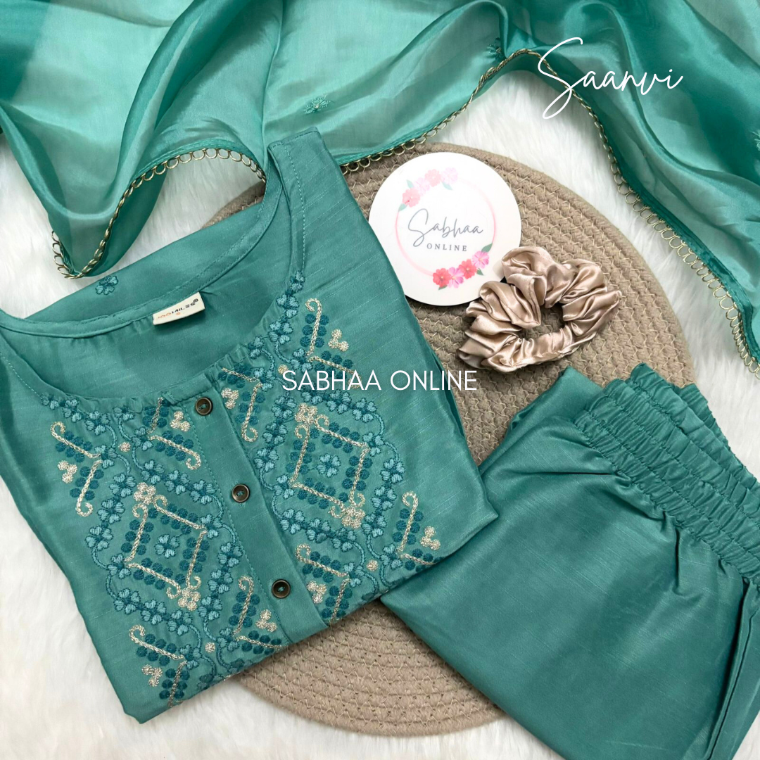 Saanvi - Teal Viscose Festive Kurti 3pc set