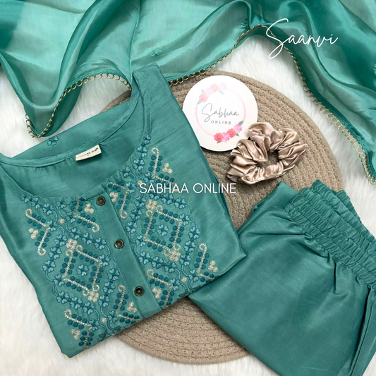 Saanvi - Teal Viscose Festive Kurti 3pc set