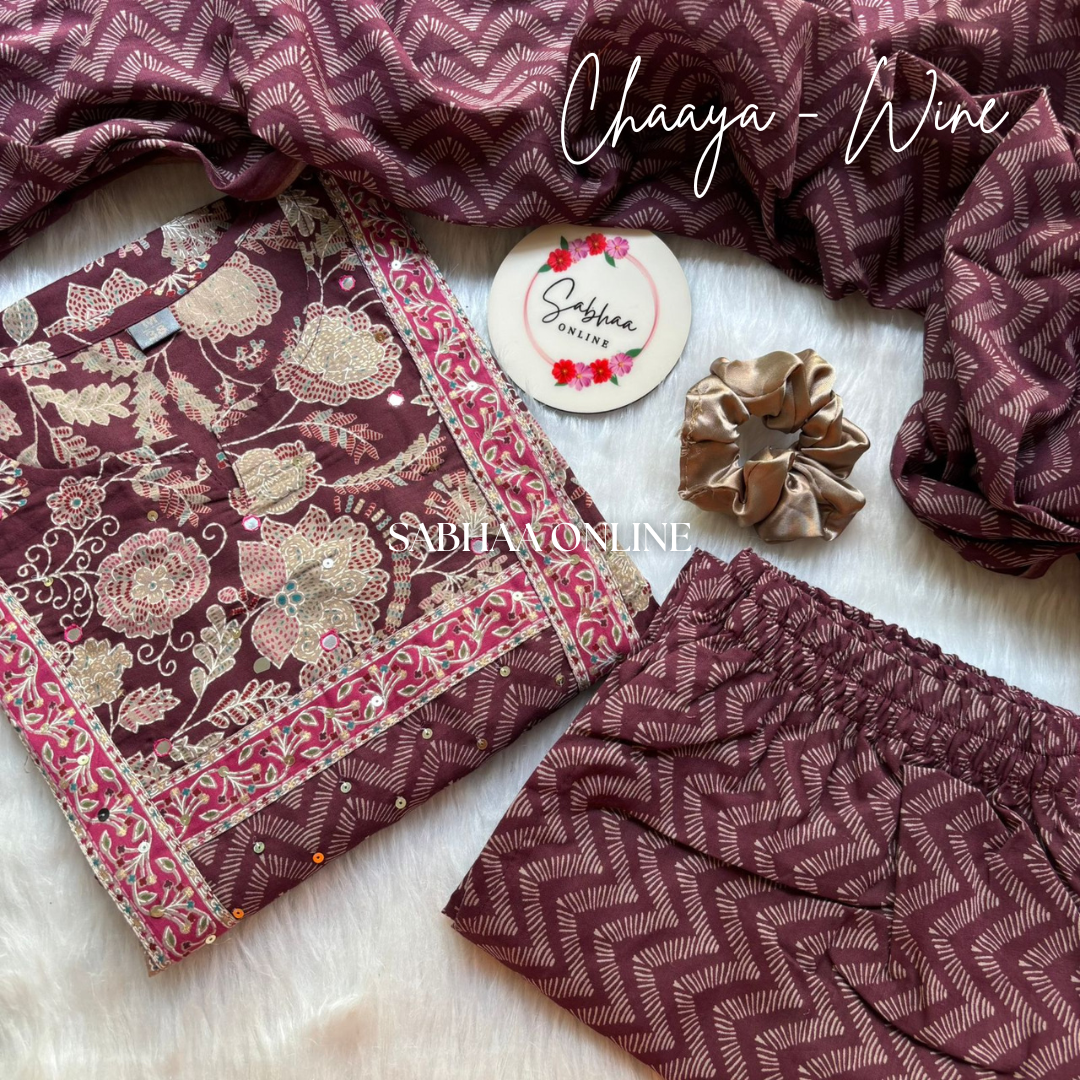 Chaaya - Wine Cotton Kurti 3pc set