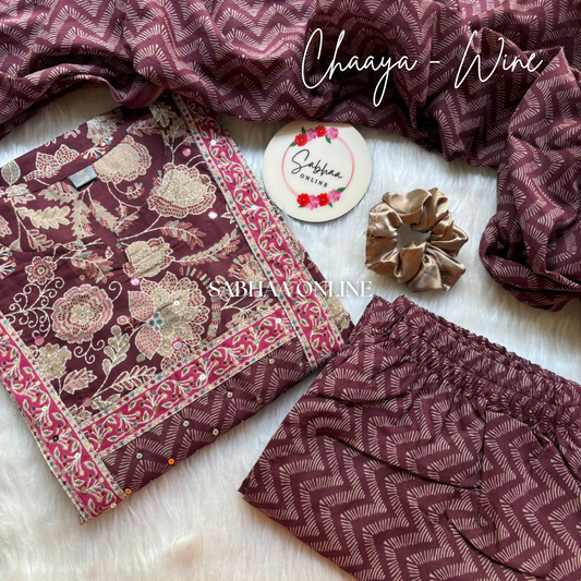 Chaaya - Wine Cotton Kurti 3pc set