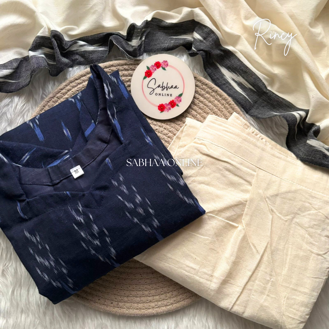 Rincy - Navy blue Ikkat Handloom Cotton kurti 3pc set with lining (Size M 38 only)