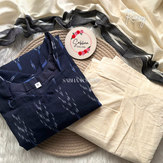 Rincy - Navy blue Ikkat Handloom Cotton kurti 3pc set with lining (Size M 38 only)