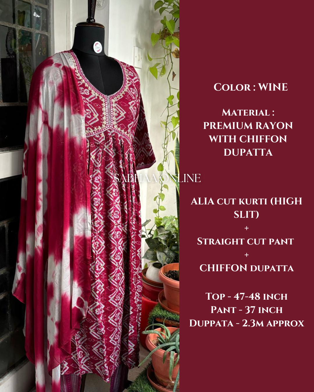 Wine Alia Cut Kurti 3pc set