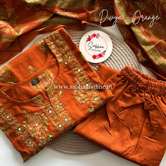 Divya - Orange Cotton kurti 3pc set - LN25
