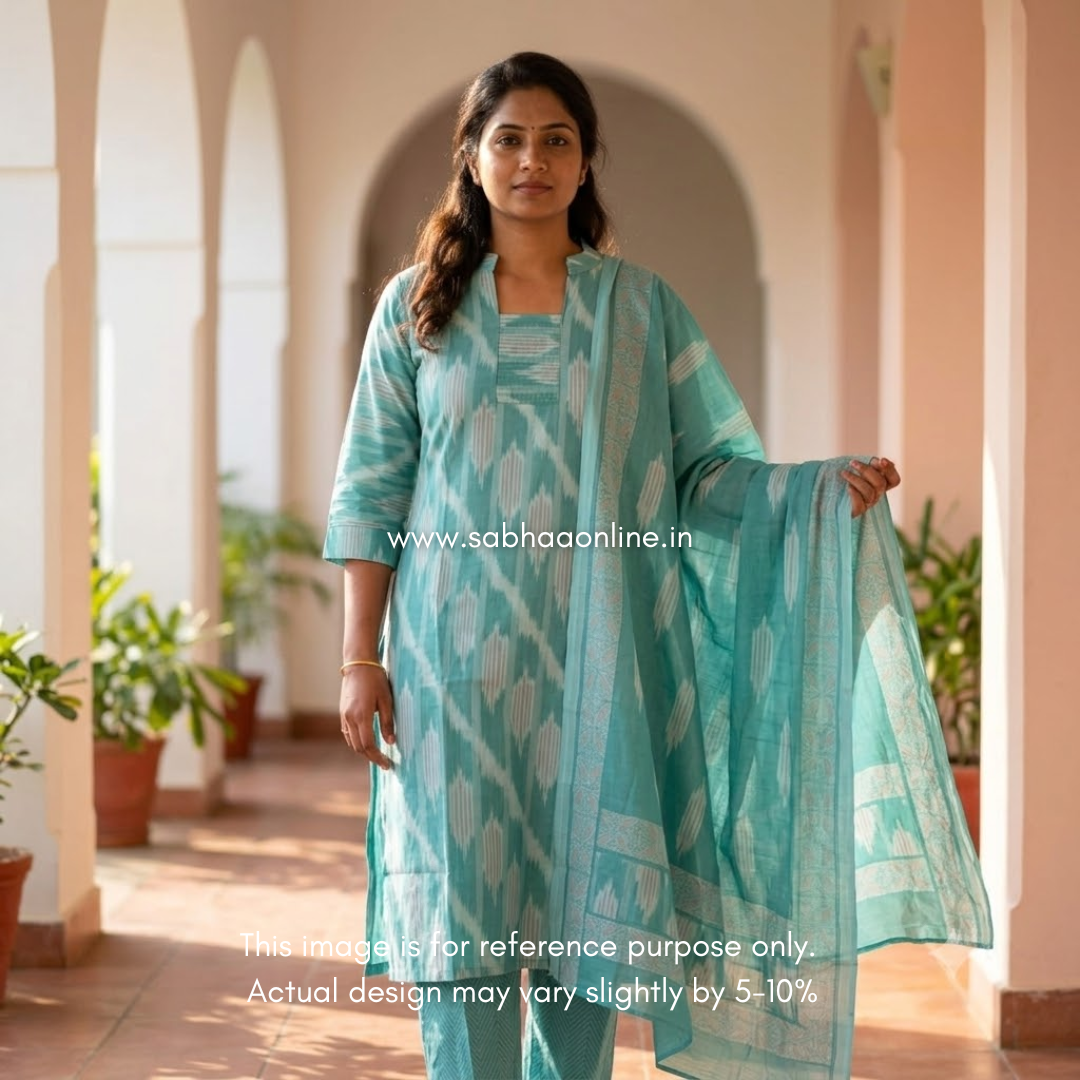 Lia - Sea green/Bright Turquoise blue Ikkat Cotton kurti 3pc set with lining - LN 69