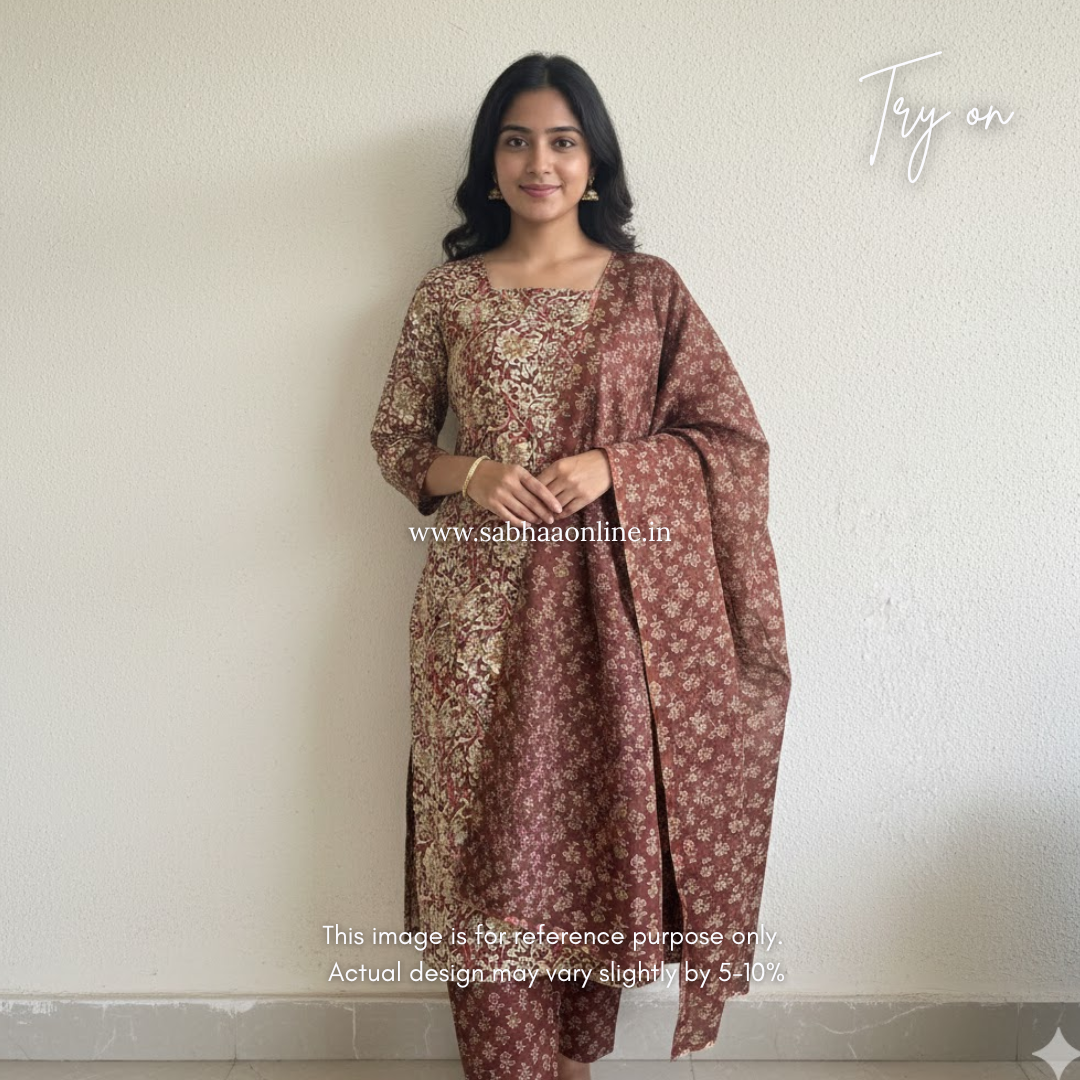 Akriti - Teracotta Brown Cotton kurti 3pc set with lining - LN 27