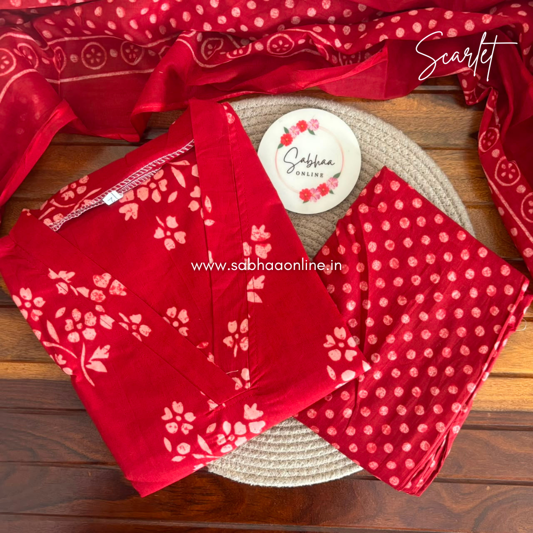 Scarlet - Red Floral Cotton kurti 3pc set with lining - LN 69