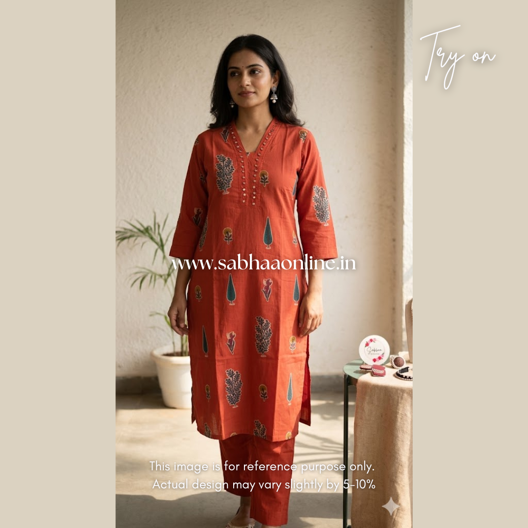 Inaya - Vermillion Orange Cotton coord set with lining - LN 43