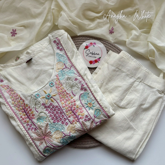 Anagha - Off White Mul Cotton Anarkali Kurti 3pc set with lining - LN 30