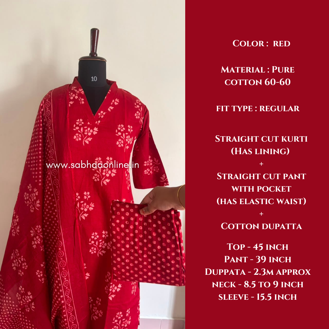 Scarlet - Red Floral Cotton kurti 3pc set with lining - LN 69