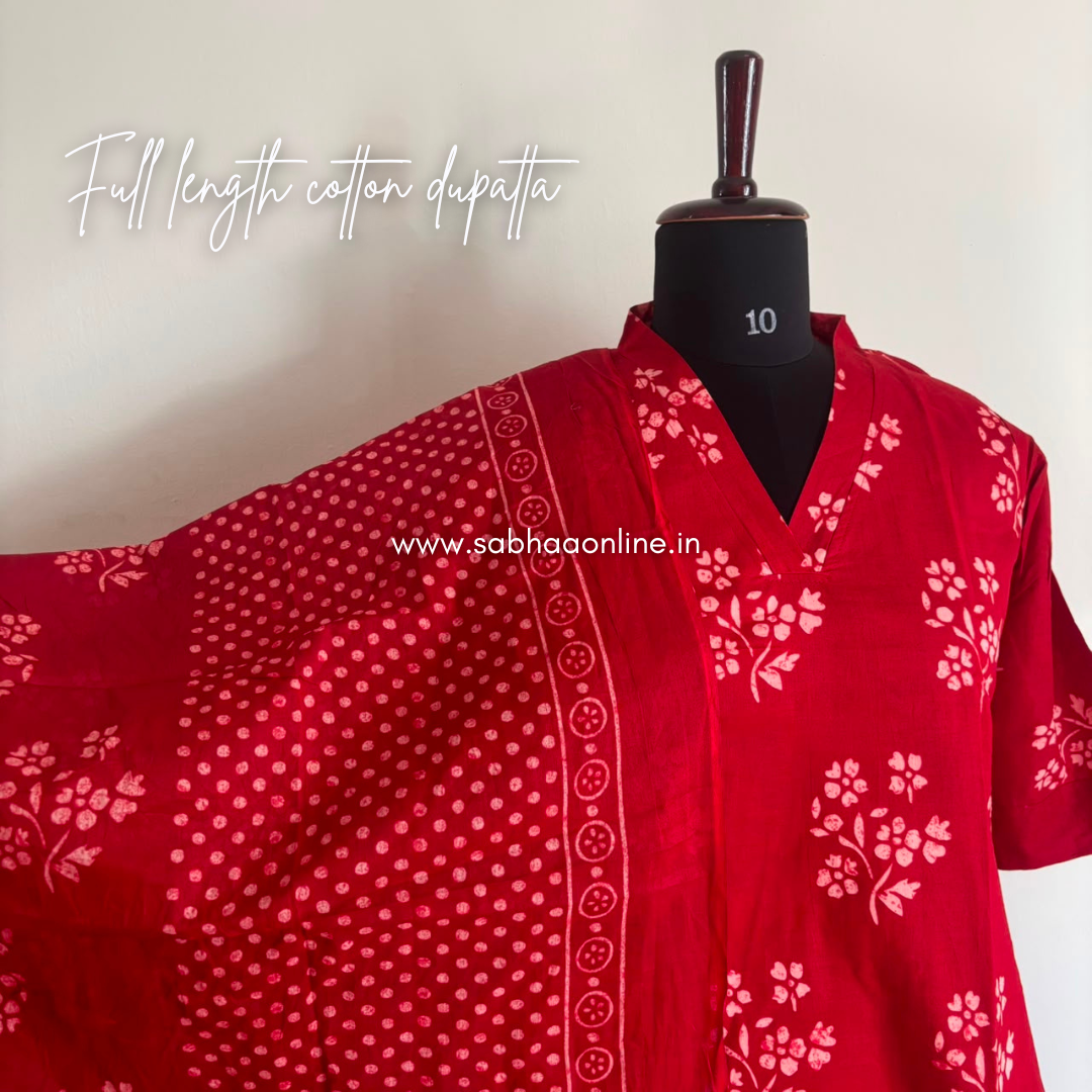 Scarlet - Red Floral Cotton kurti 3pc set with lining - LN 69