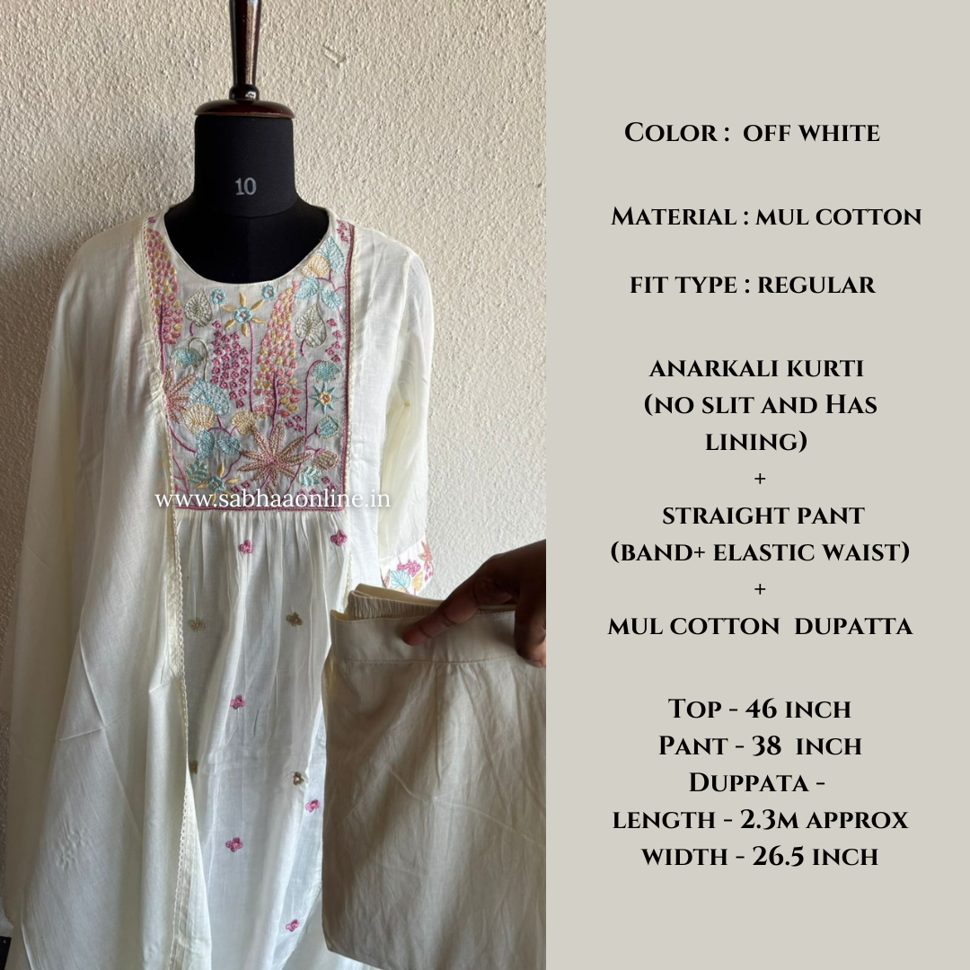 Anagha - Off White Mul Cotton Anarkali Kurti 3pc set with lining - LN 30