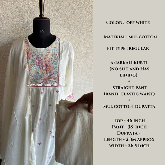 Anagha - Off White Mul Cotton Anarkali Kurti 3pc set with lining - LN 30