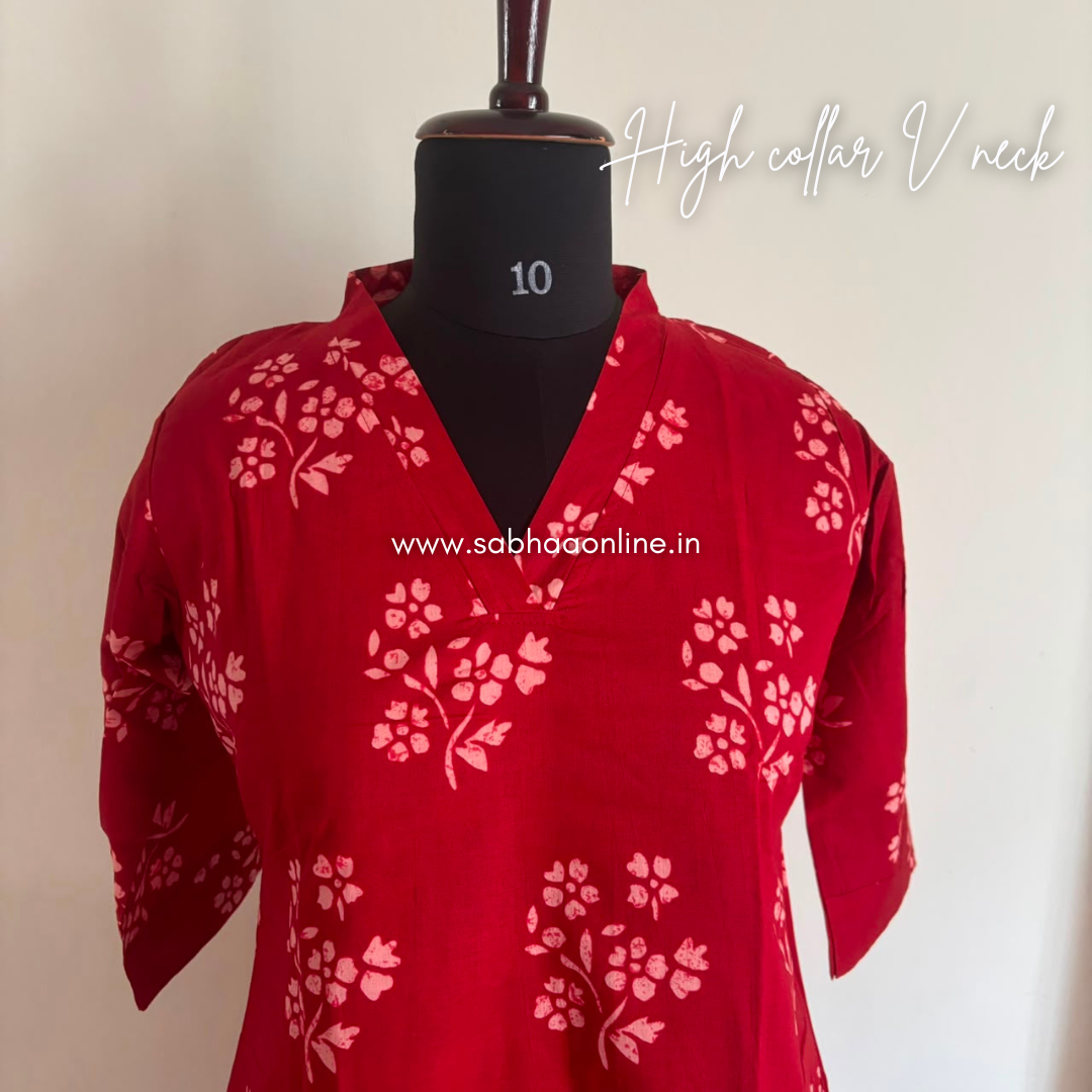 Scarlet - Red Floral Cotton kurti 3pc set with lining - LN 69