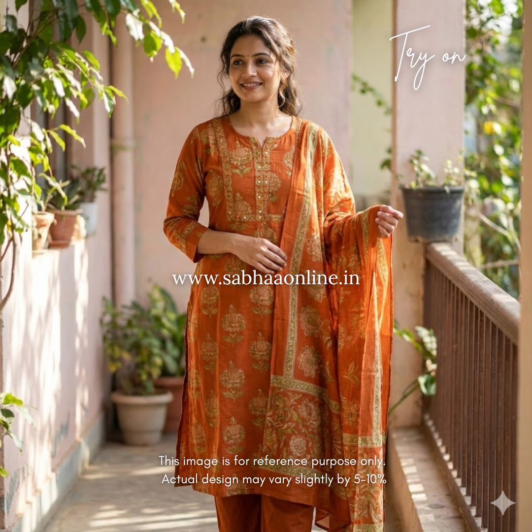 Divya - Orange Cotton kurti 3pc set - LN25