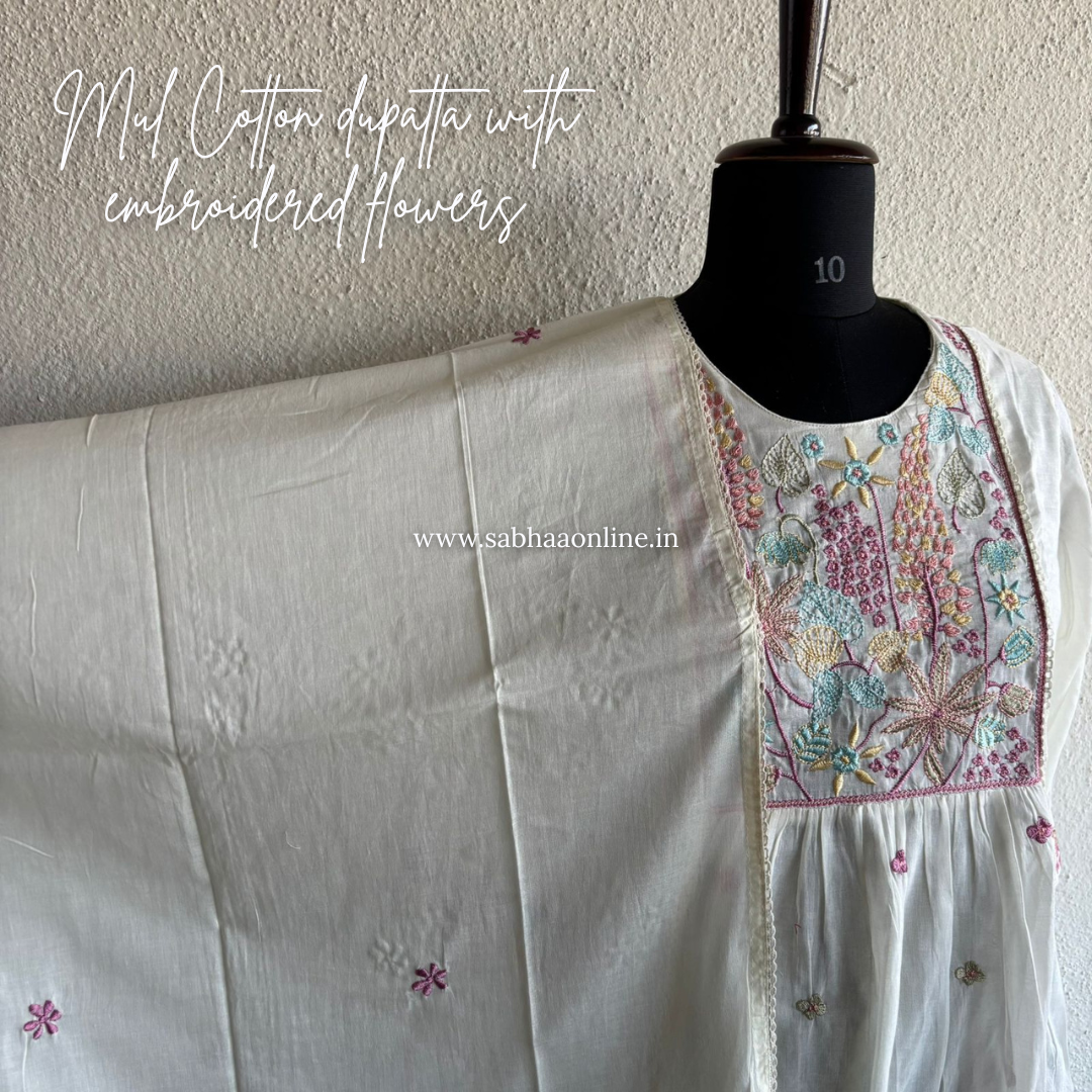 Anagha - Off White Mul Cotton Anarkali Kurti 3pc set with lining - LN 30