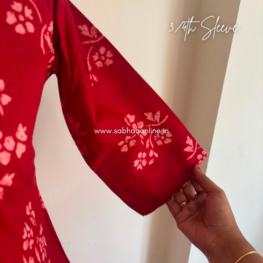 Scarlet - Red Floral Cotton kurti 3pc set with lining - LN 69