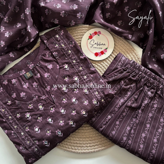 Sayali - Deep Plum Cotton kurti 3pc set - LN 25